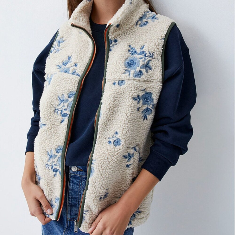 Anthropologie RD style embroidered sherpa vest XL